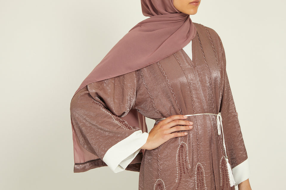 Three Piece Shimmer Mauve Embellished Open Abaya