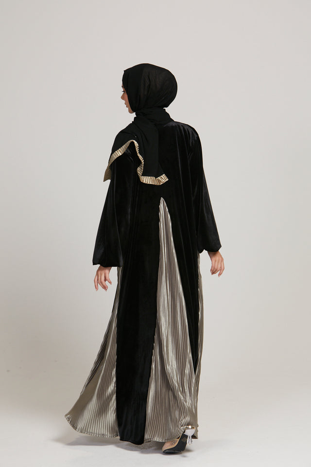Black Velvet Open Abaya with Satin Pleats - Golden Olive