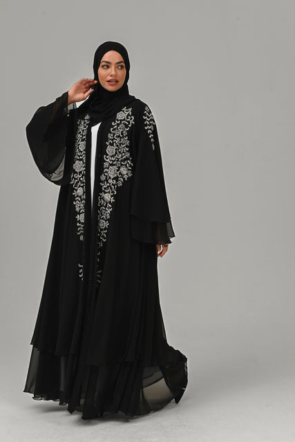 Luxury Black Floral Embellished Layered Open Abaya