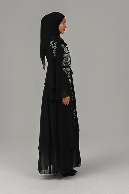 Luxury Black Floral Embellished Layered Open Abaya