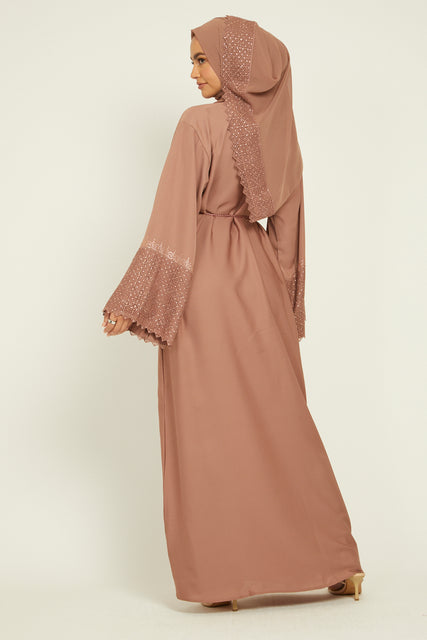 Dusty Mink Abaya with Embellished Lace Cuff