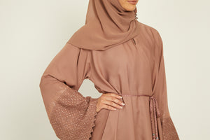 Dusty Mink Abaya with Embellished Lace Cuff