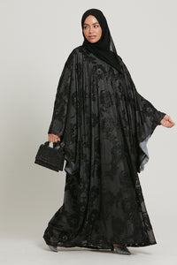 Luxury Midnight Black Embellished Lace Open Farasha - LIMITED EDITION