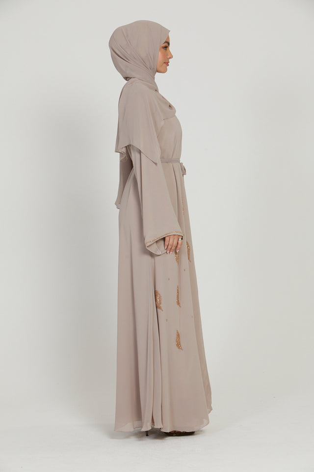 Premium Chiffon Embellished Open Abaya - French Beige