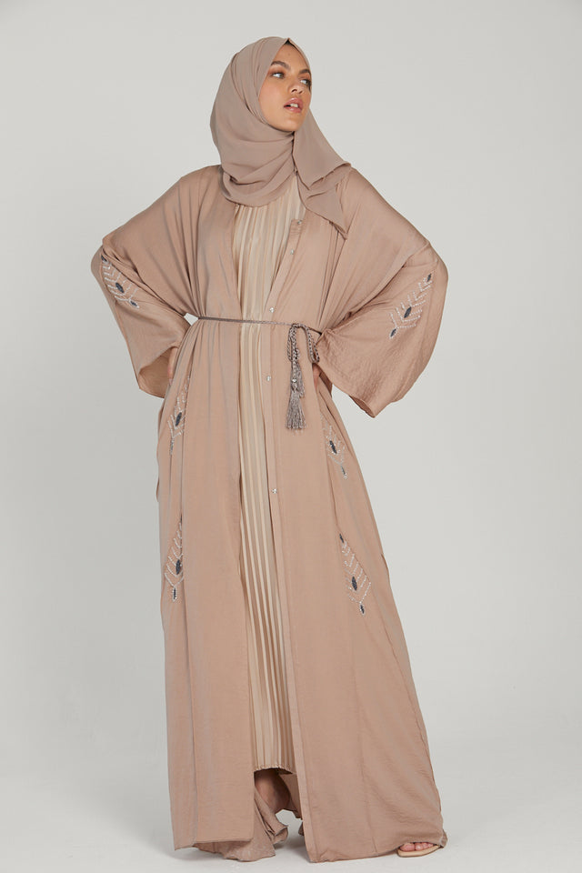 Nude Mink Embellished Umbrella Cut Open Abaya