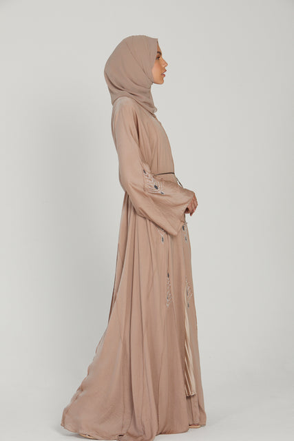 Nude Mink Embellished Umbrella Cut Open Abaya