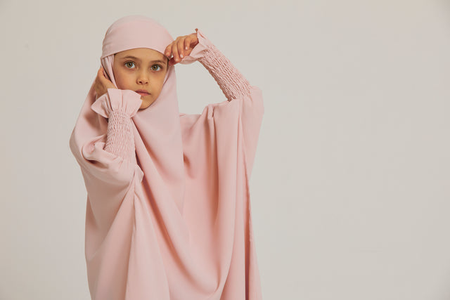Junior Girls One Piece Full Length Jilbab/ Prayer Abaya - Frill Cuff - Blush