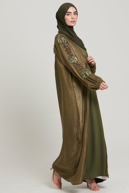 Three Piece Organza Silk Open Abaya with Embellished Motif - Olive