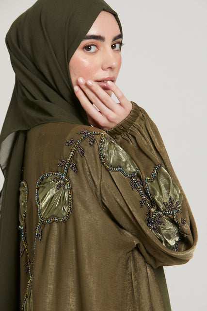 Three Piece Organza Silk Open Abaya with Embellished Motif - Olive
