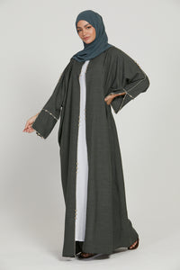Premium Olive Grey Open Abaya with Dainty Detailing