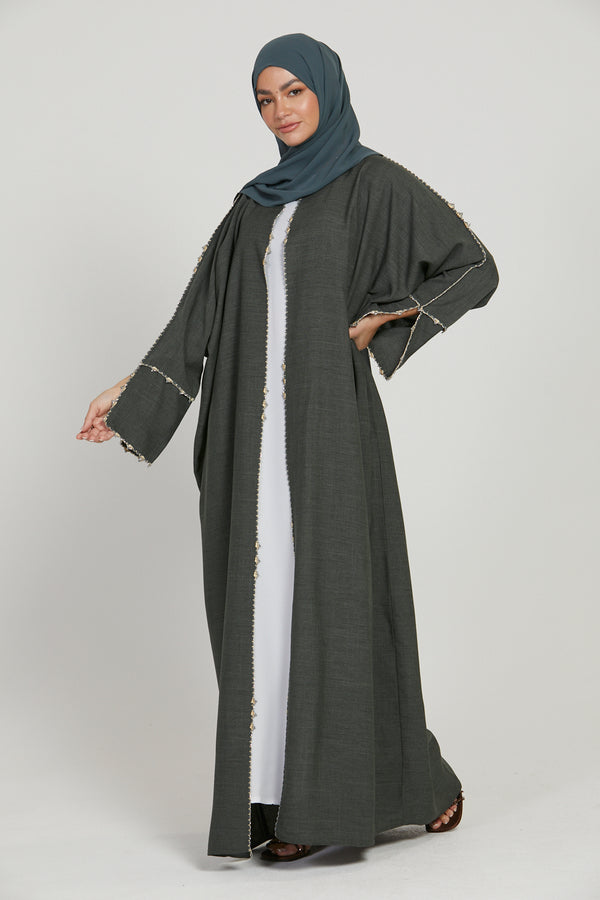 Premium Olive Grey Open Abaya with Dainty Detailing