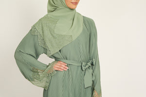 Premium Pleated Floral Lace Cuff Abaya - Sage