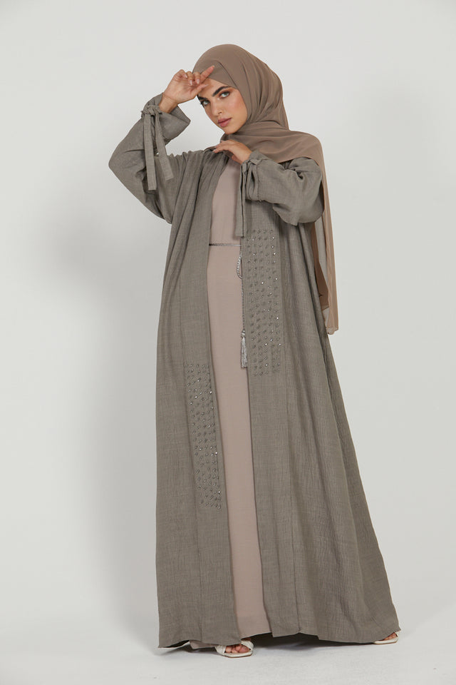 Four Piece Linen Blend Embellished Open Abaya Set - Taupe