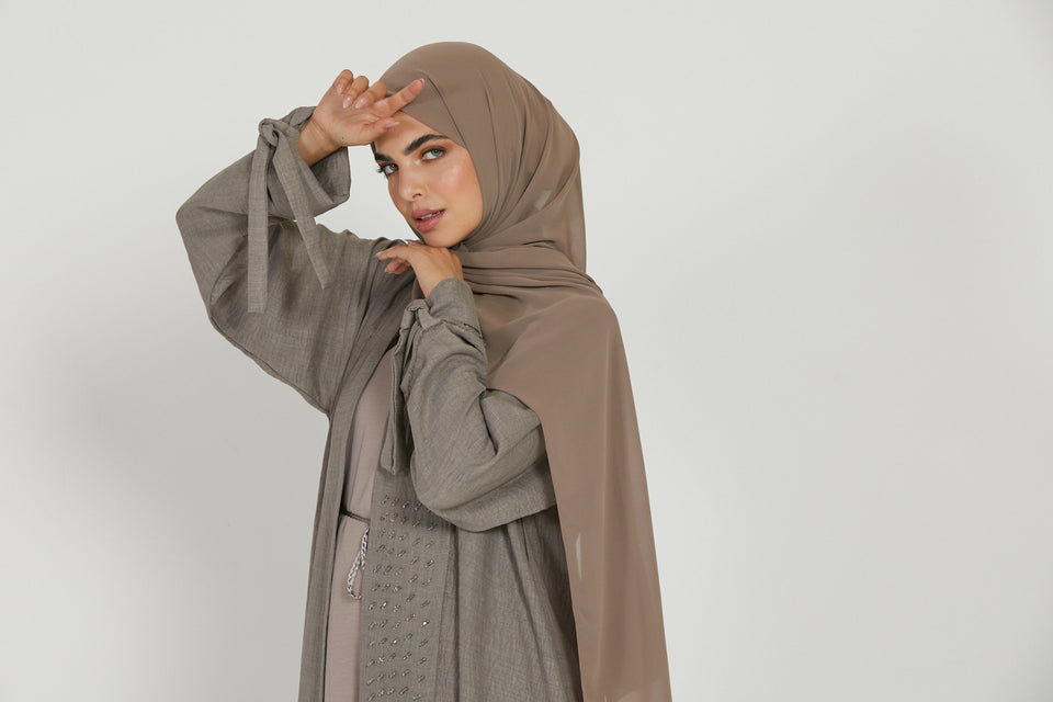 Four Piece Linen Blend Embellished Open Abaya Set - Taupe