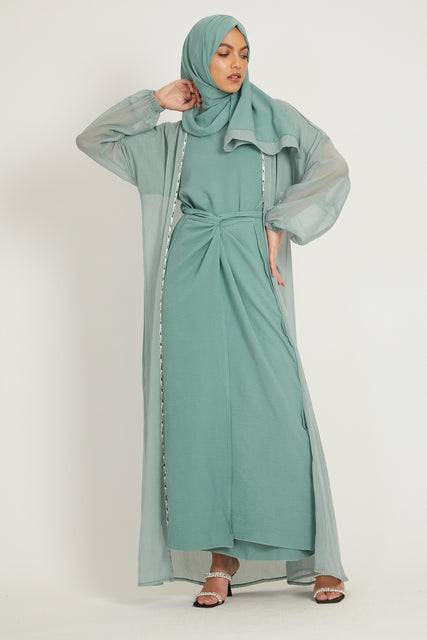Three Piece Shimmer Open Abaya Set- Mint