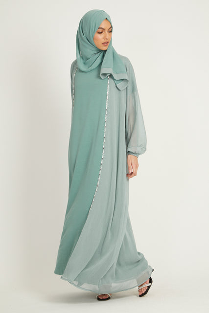 Three Piece Shimmer Open Abaya Set- Mint