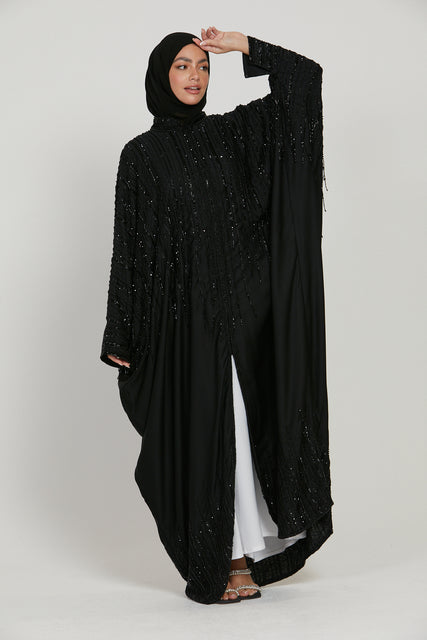 Luxury Embellished Open Abaya with Front Zip - Black