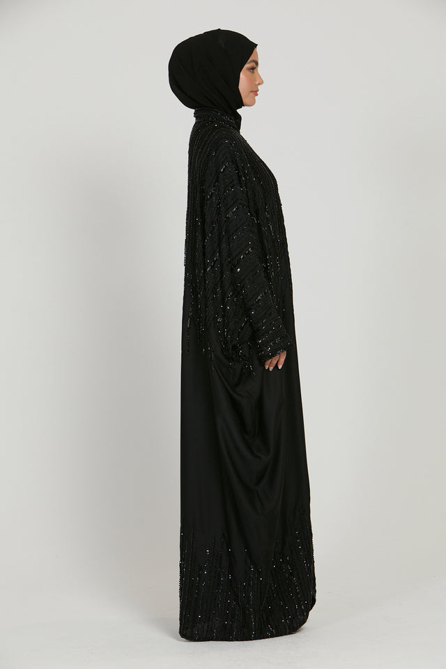 Luxury Embellished Open Abaya with Front Zip - Black