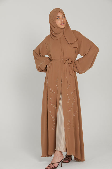 Chiffon Open Abaya with Embellished Balloon Sleeves - Butterscotch