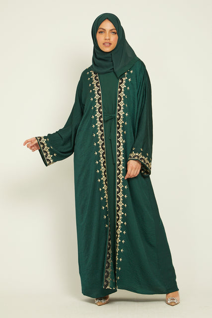 Four Piece Mosaic Embroidered Open Abaya Set - Forest Green