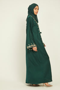 Four Piece Mosaic Embroidered Open Abaya Set - Forest Green