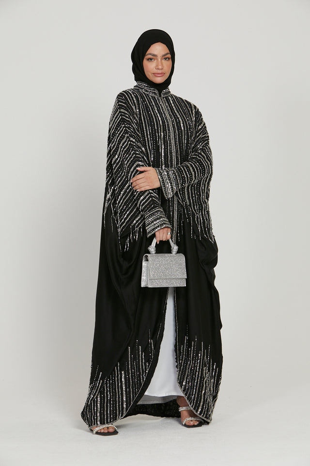 Luxury Embellished Open Abaya with Front Zip - Silver