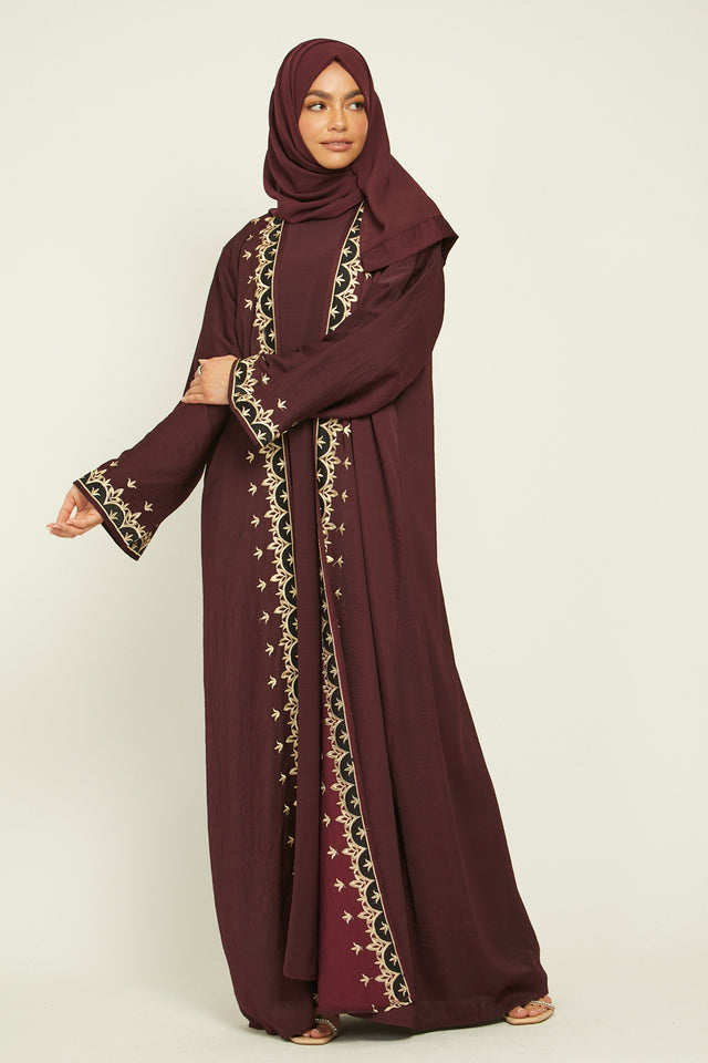 Four Piece Mosaic Embroidered Open Abaya Set - Dark Maroon