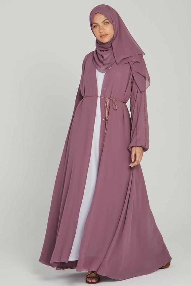 Chiffon Open Abaya with Embellished Balloon Sleeves - Mauve Blush