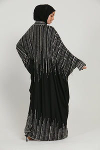 Luxury Embellished Open Abaya with Front Zip - Silver
