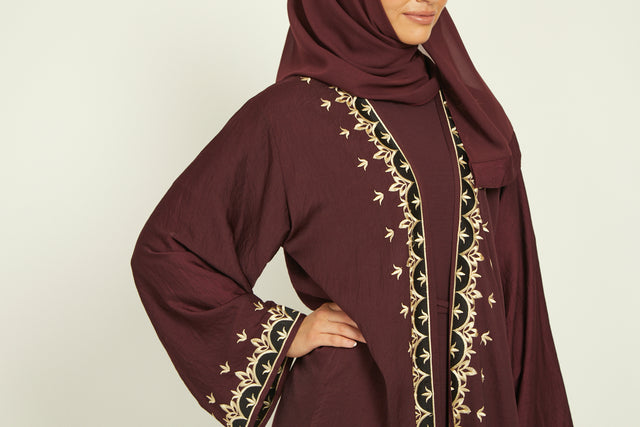 Four Piece Mosaic Embroidered Open Abaya Set - Dark Maroon