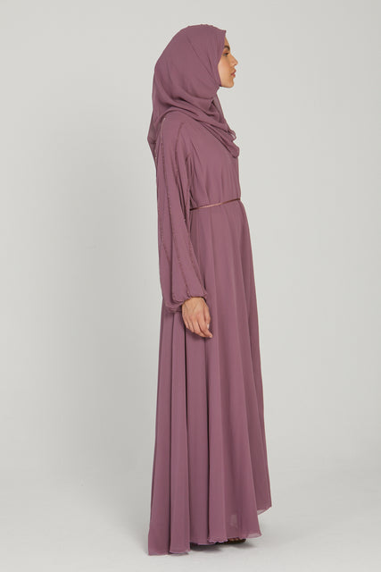 Chiffon Open Abaya with Embellished Balloon Sleeves - Mauve Blush