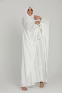 Satin Open Abaya with Tie Up Cuffs - White