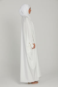 Satin Open Abaya with Tie Up Cuffs - White