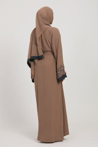 Taupe and Teal Contrast Embellished Cuff Open Abaya