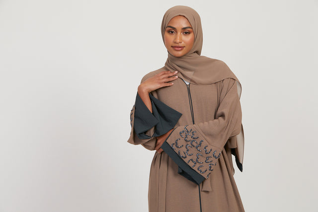 Taupe and Teal Contrast Embellished Cuff Open Abaya