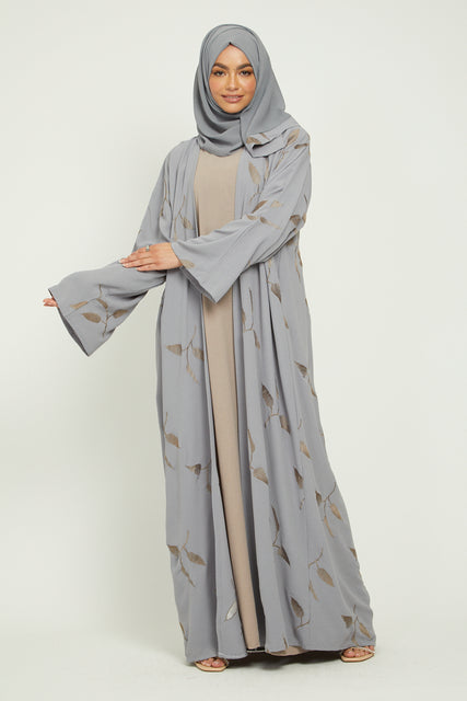 Four Piece Light Grey and Taupe Embroidered Open Abaya