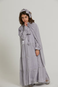 Junior Girls Premium Lilac Grey Organza Embellished Closed Abaya