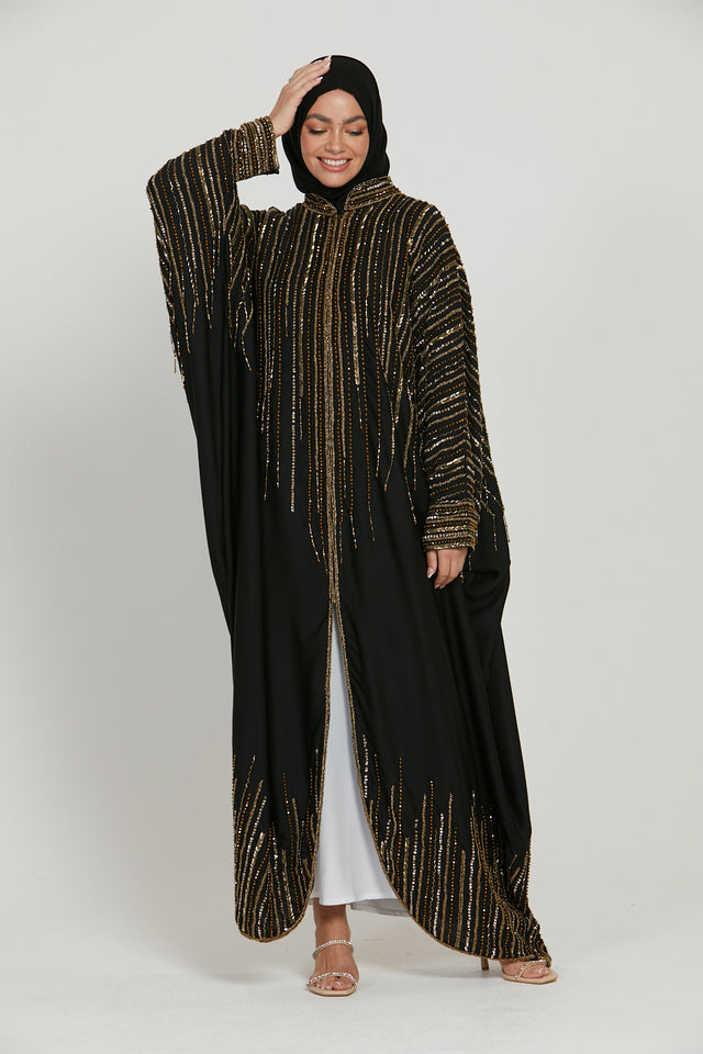 Luxury Embellished Open Abaya with Front Zip - Gold