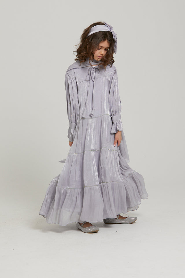 Junior Girls Premium Lilac Grey Organza Embellished Closed Abaya