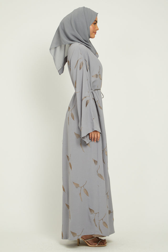 Four Piece Light Grey and Taupe Embroidered Open Abaya