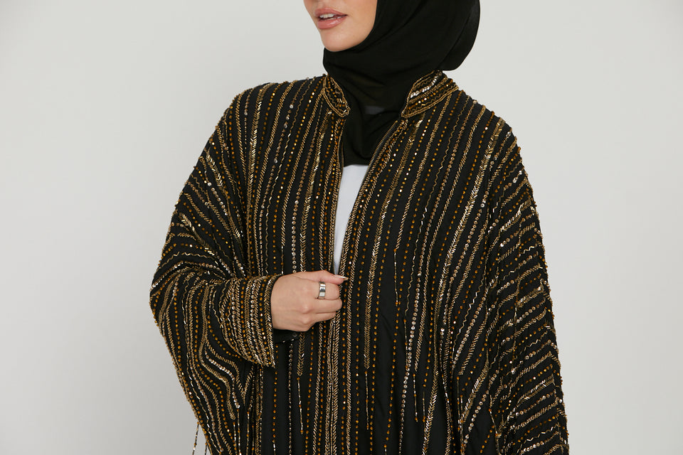 Luxury Embellished Open Abaya with Front Zip - Gold