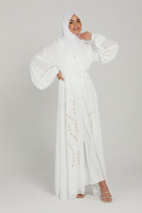 Chiffon Open Abaya with Embellished Balloon Sleeves - White
