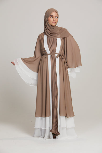 Nude and White Chiffon Layered Open Abaya