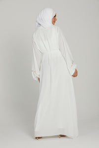 Chiffon Open Abaya with Embellished Balloon Sleeves - White