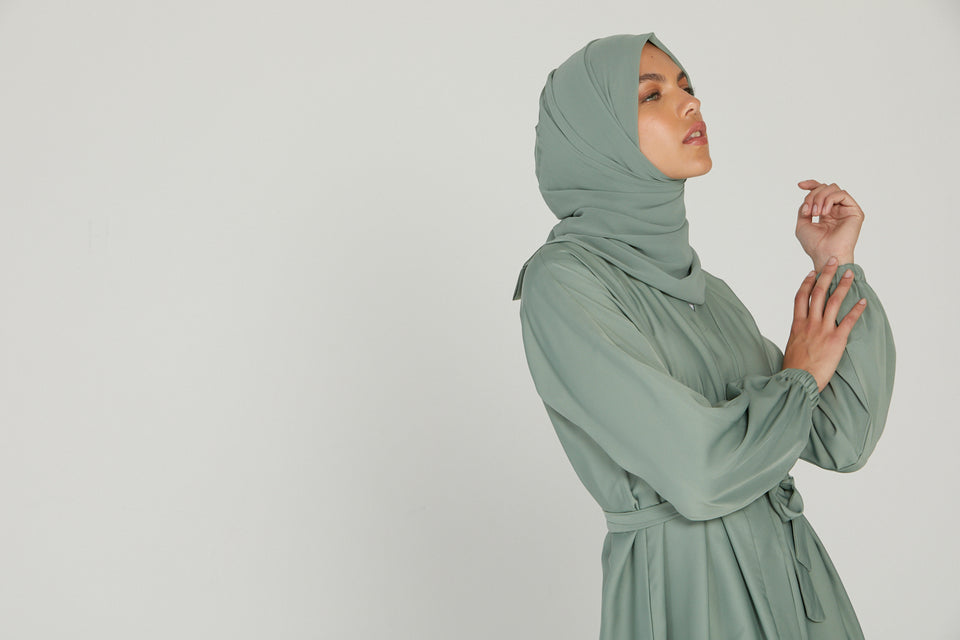 Open Abaya with Elasticated Cuffs - Sage
