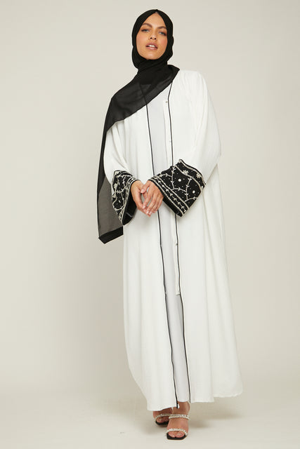 White Open Abaya with Embellished Cuffs