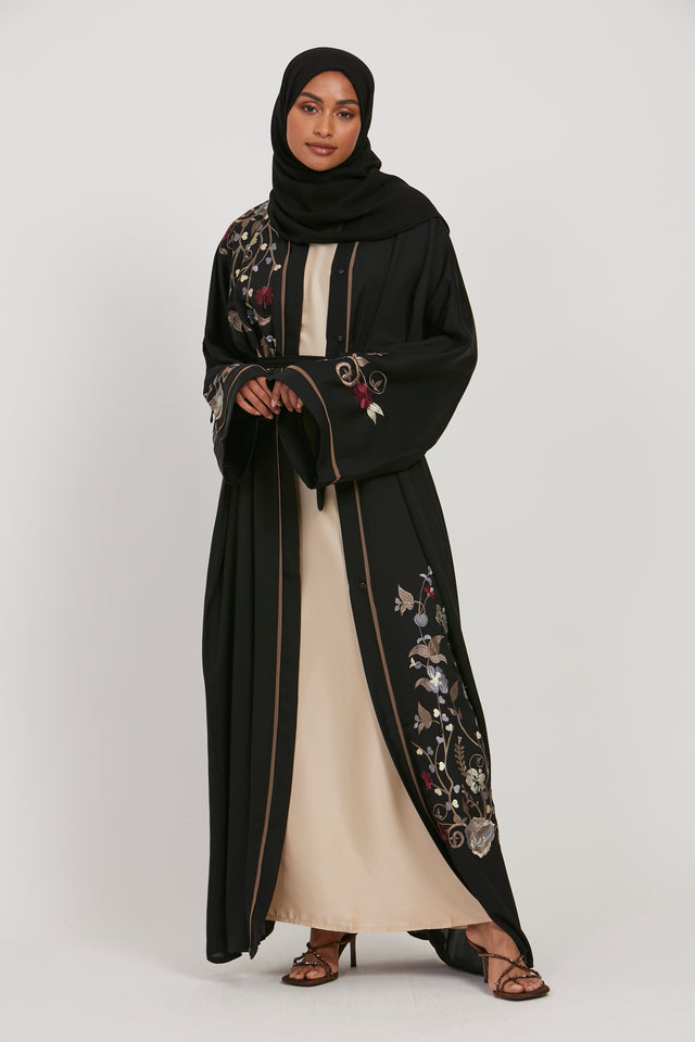 Country Blossom Floral Embroidered Open Abaya