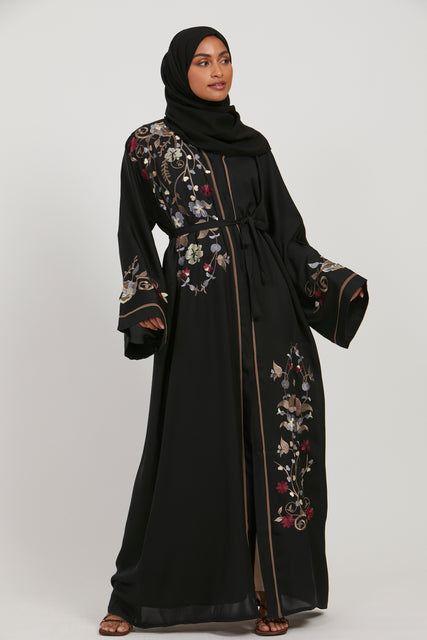 Country Blossom Floral Embroidered Open Abaya