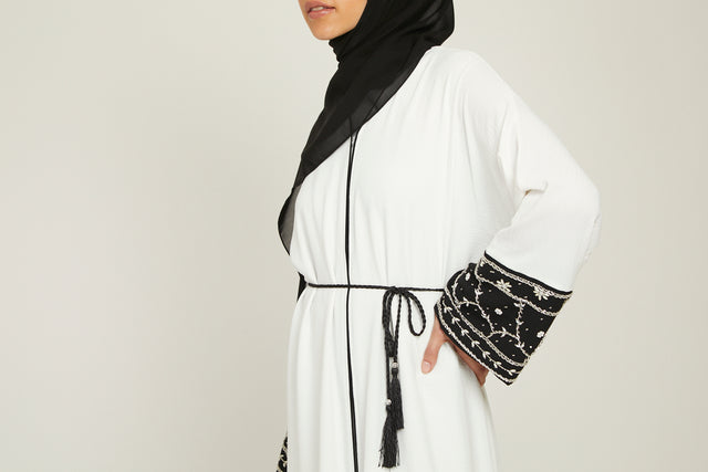 White Open Abaya with Embellished Cuffs