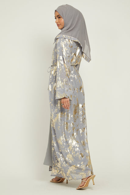 Four Piece Abstract Open Abaya Set - Grey